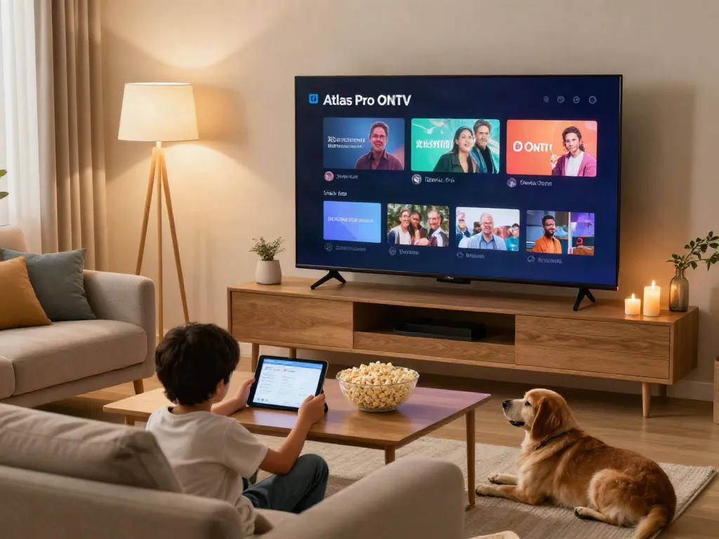Famille utilisant l'application Atlas Pro pour une soirée cinéma à domicile.