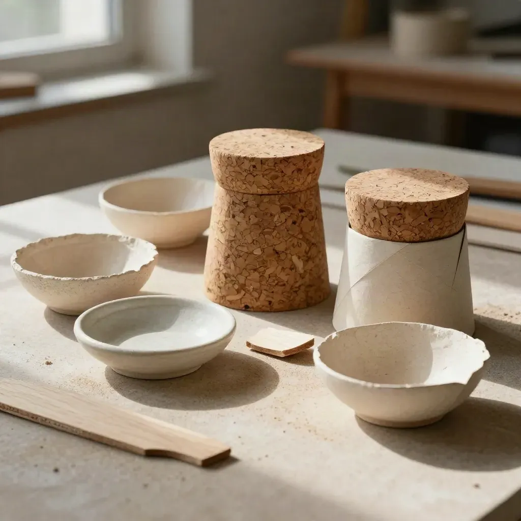 Atelier d’éco-design avec prototypes en pulpe moulée, liège et bois sur pierre claire.