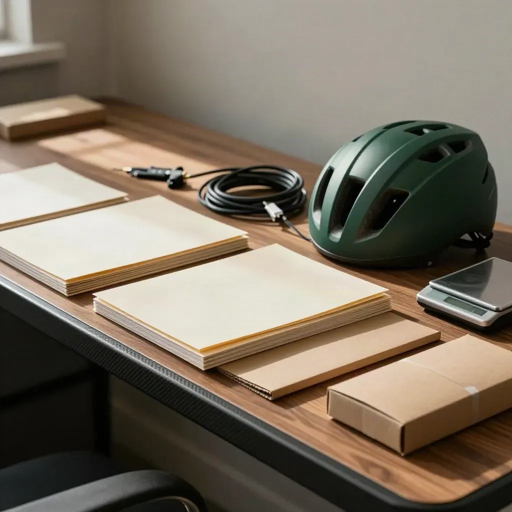 Une table de tri carbone avec dossiers, colis, casque vélo, câble et balance, en lumière dramatique.