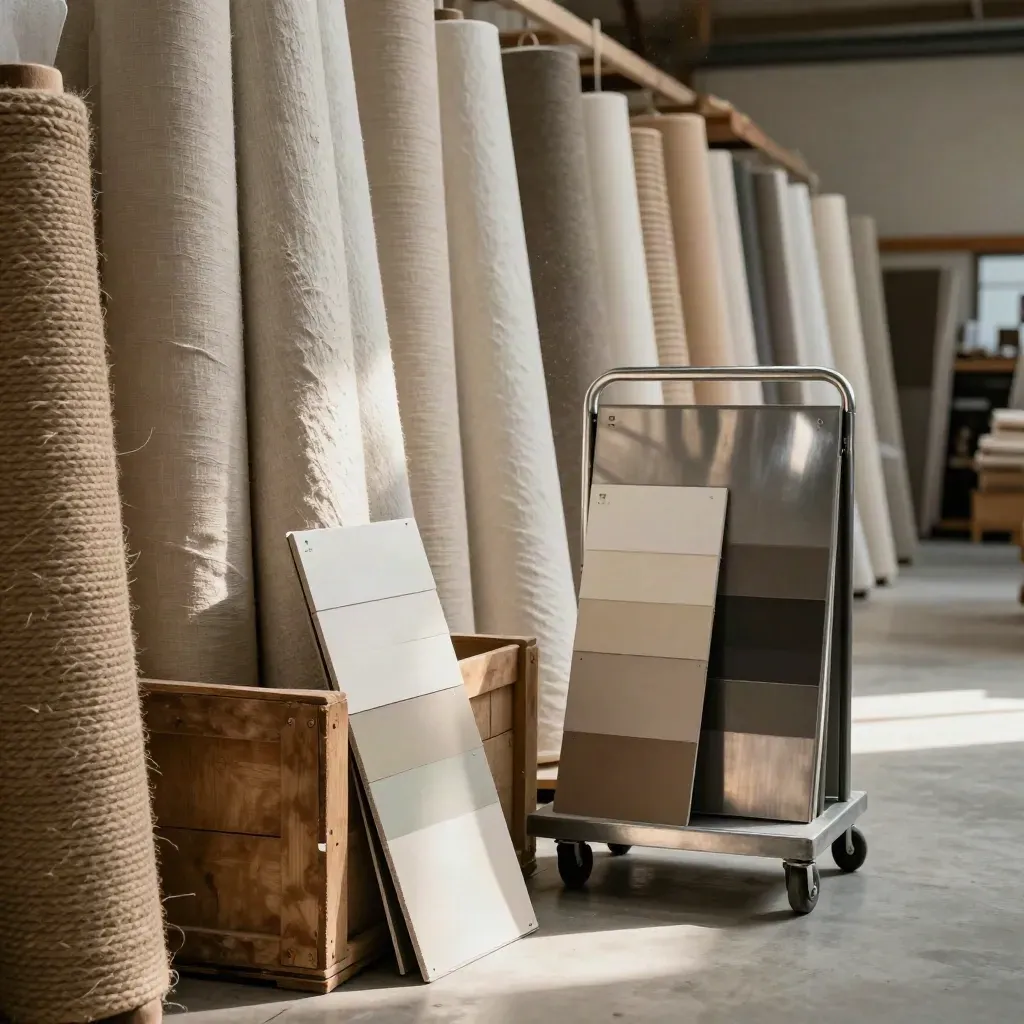 Aisle d’entrepôt textile avec rouleaux de lin, corde de chanvre et chariot en acier, lumière douce.