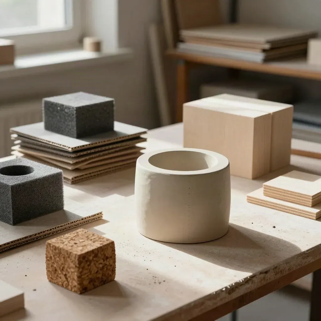 Maquettes d’éco-design en argile, mousse recyclée, carton et liège sur un établi lumineux.