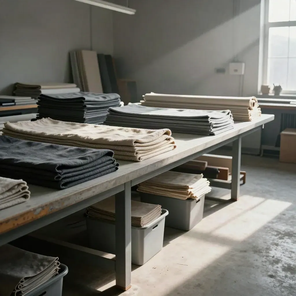 Atelier textile breton ordonné, chutes triées et lumière grise du matin.
