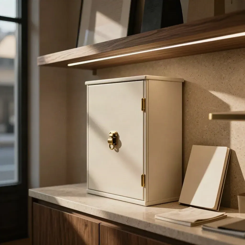 Arrière-boutique lumineuse avec coffret compteur fermé, rails LED et étagères en pierre travertin.