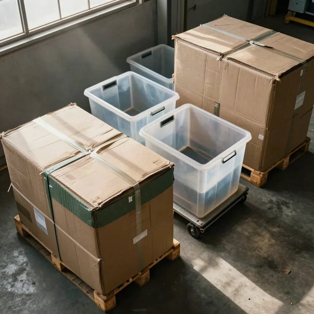 Coin de tri avec ballots de carton, bacs transparents, palettes retournées et chariot sur béton.
