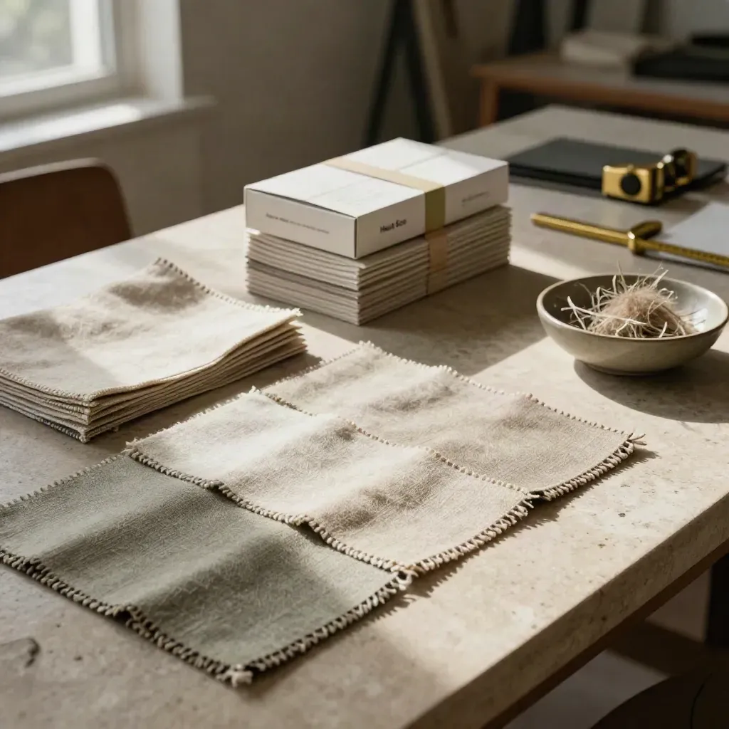 Échantillons de fibres, boîtes scellées et étuis en lin sur table de pierre, lumière douce.