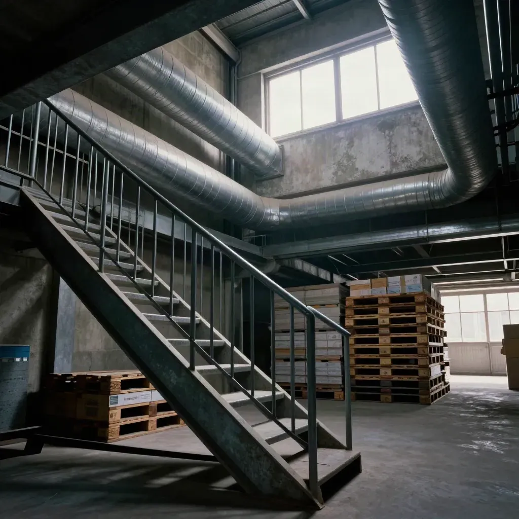 Mezzanine d’entrepôt lyonnaise, gaines, tuyaux isolés, palettes et lumière dramatique.