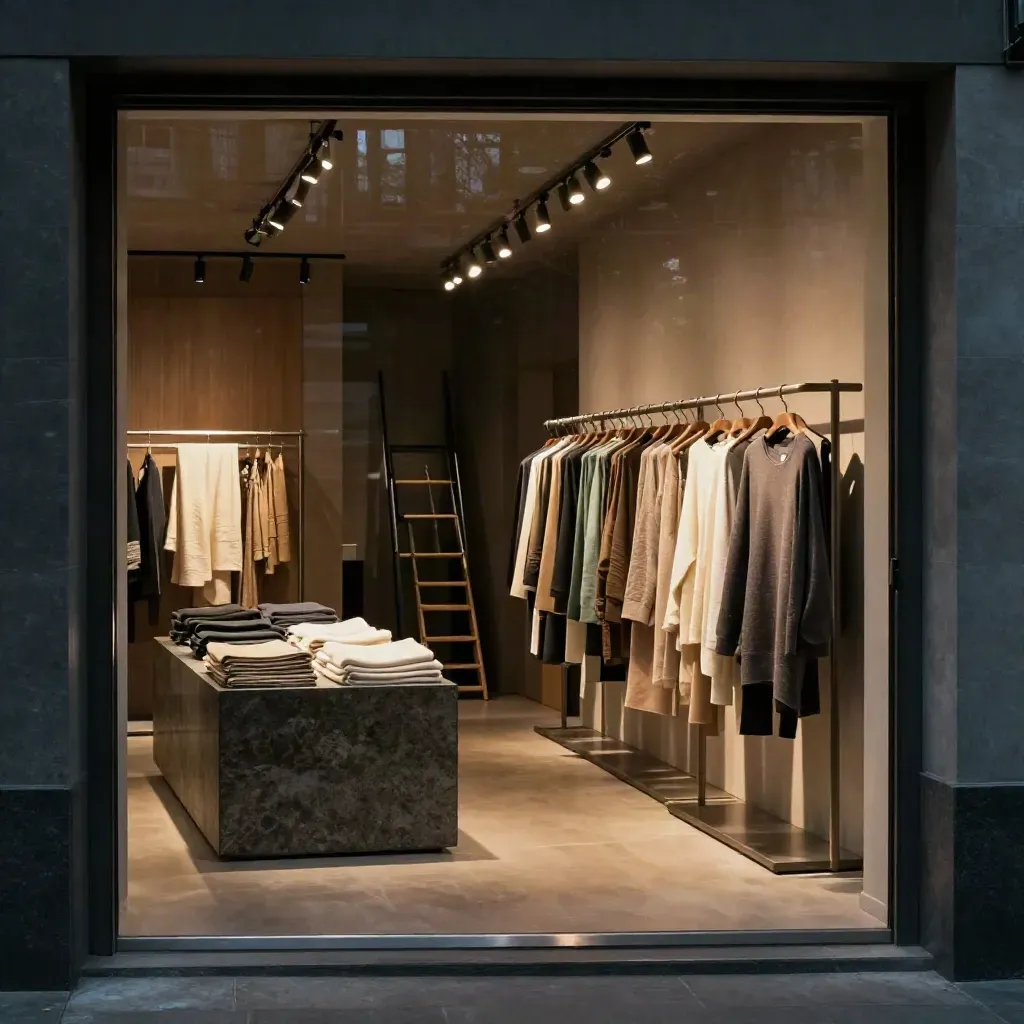 Boutique fermée au crépuscule, plinthe, textiles pliés et lumière chaude.
