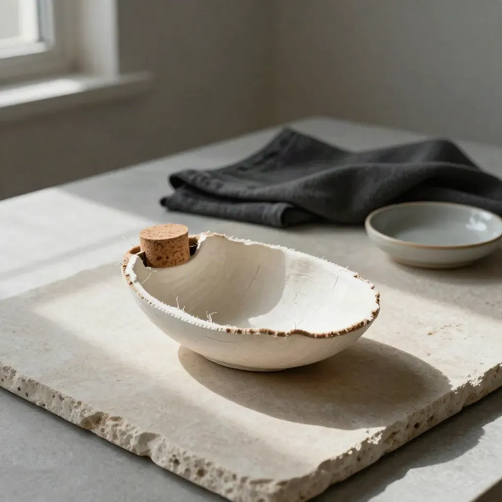 Prototype en fibres moulées, insert en liège, tissu plié et coupelle sur pierre claire.